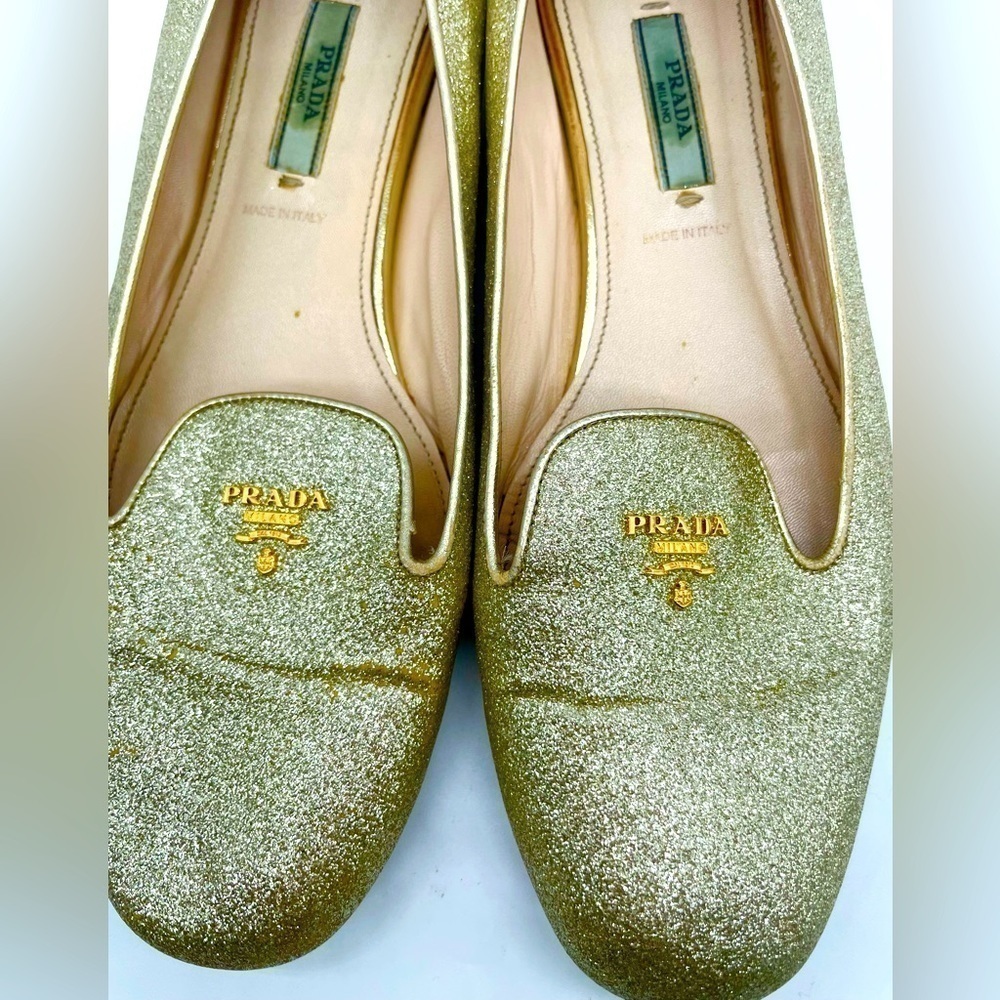 Prada Gold Glitter logo embellished Leather loafer flats EU 39 - Picture 5 of 10